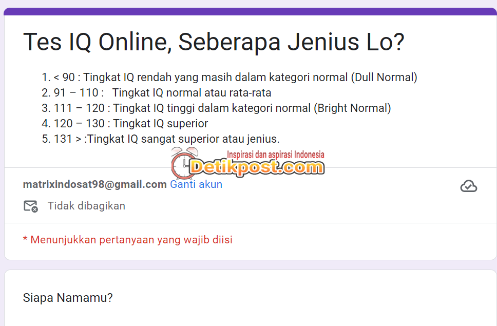 Tes IQ Online Gratis dan Hasilnya Google Form 2024