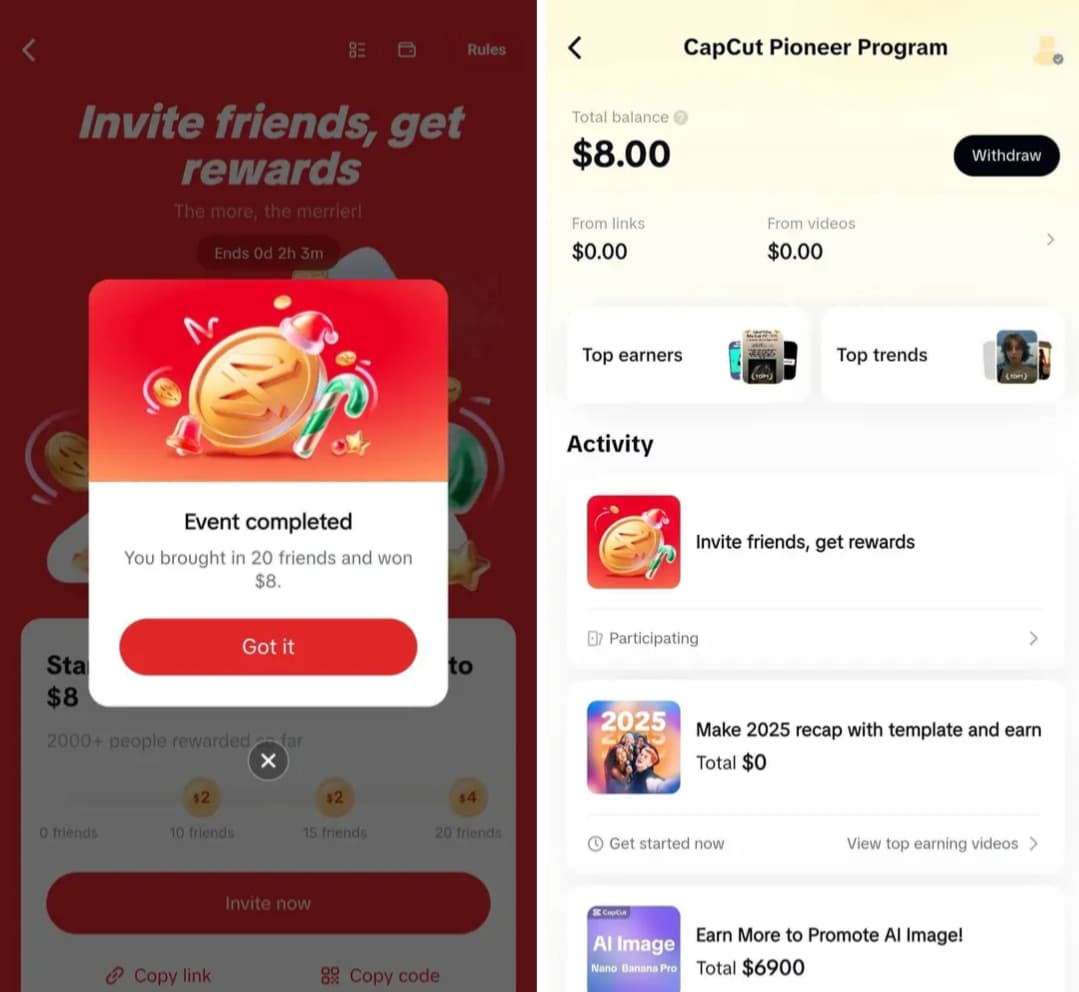 Event CapCut Terbaru Bonus $8 Dolar, Undang Teman Pengguna Lama/Baru