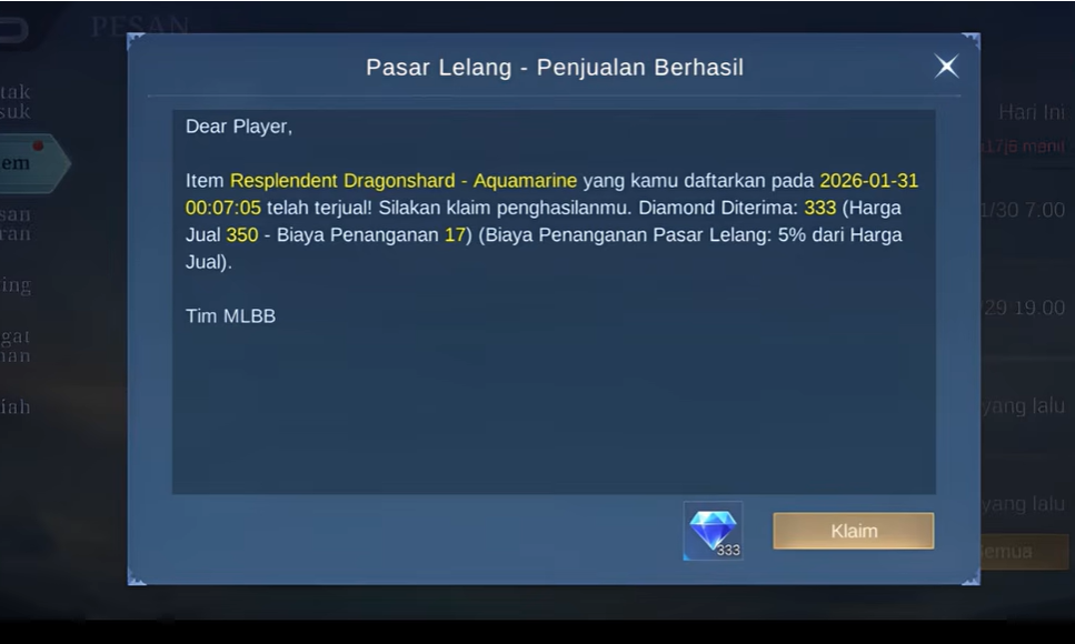 Cara Jual Item jadi Diamond Gratis Pakai Fitur Lelang di MLBB